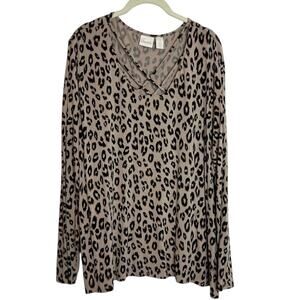 Chicos Womens Knit Top Size 3 (XL) Leopard Print Long Sleeve Crisscross V-Neck